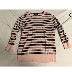 Lands End Womens Pink Navy Striped Supima Cotton Sweater Tall Medium 10-12